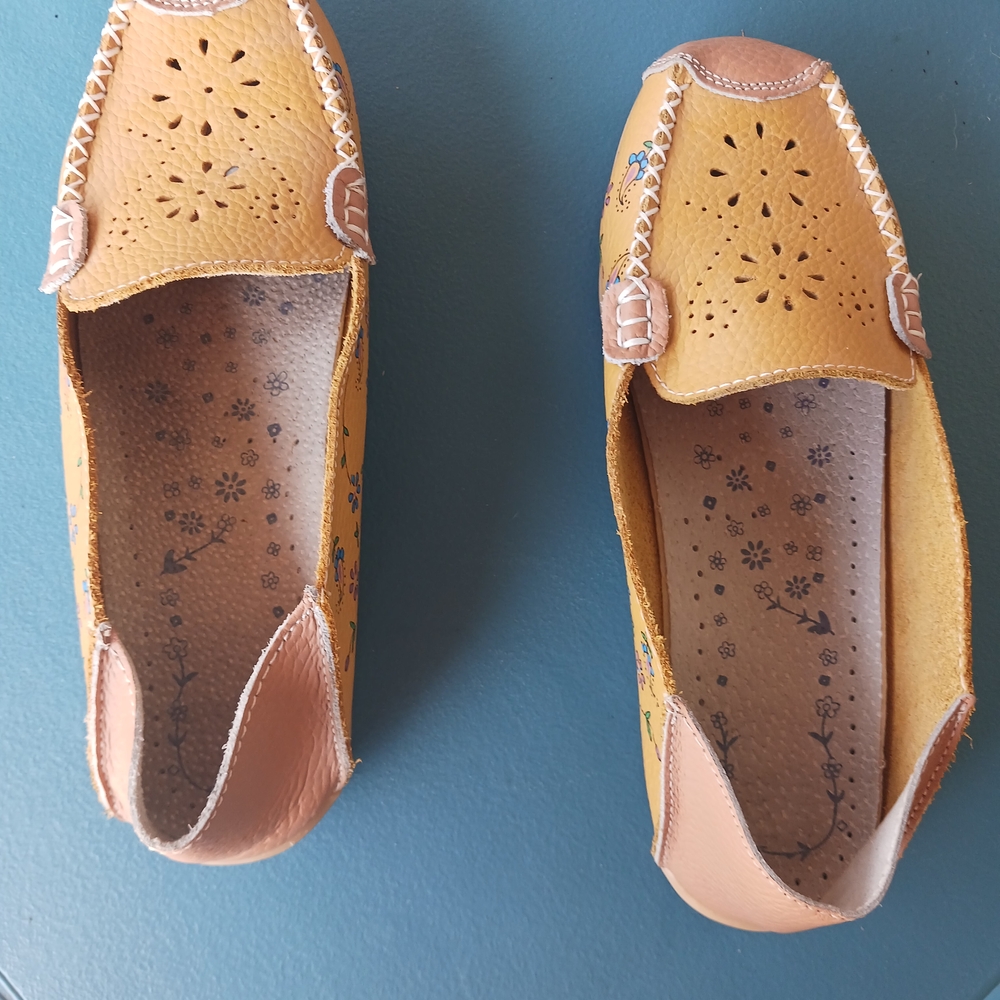 Yellow Mustard Leather Women's Loafers With Blue Flowers